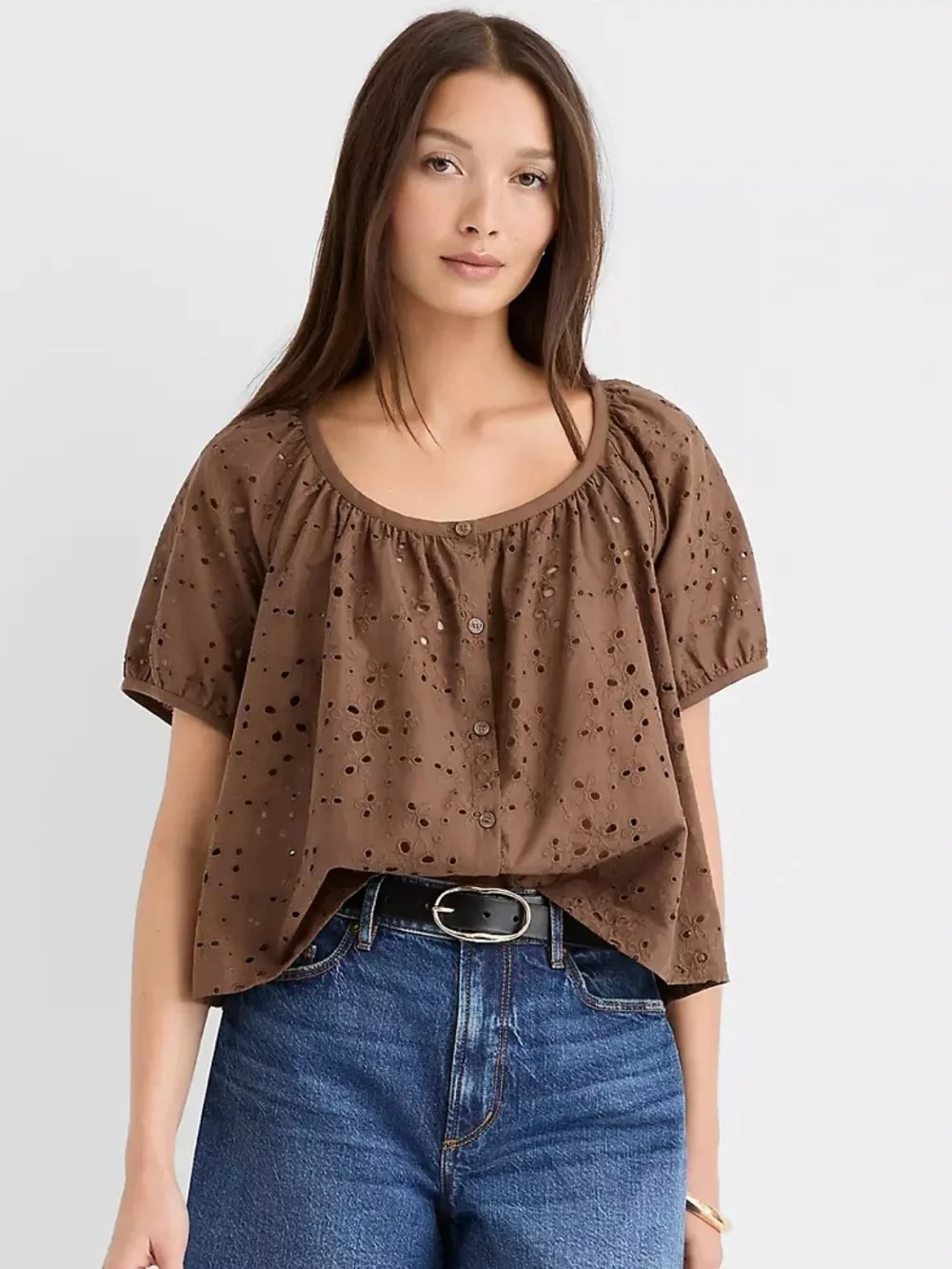 New LOFT Eyelet Puff Sleeve Scoop Neck Blouse Size Large